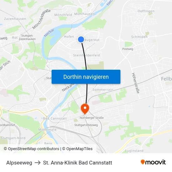 Alpseeweg to St. Anna-Klinik Bad Cannstatt map