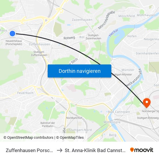 Zuffenhausen Porsche to St. Anna-Klinik Bad Cannstatt map