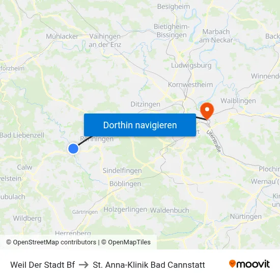 Weil Der Stadt Bf to St. Anna-Klinik Bad Cannstatt map