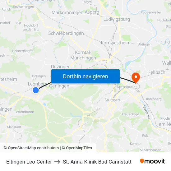 Eltingen Leo-Center to St. Anna-Klinik Bad Cannstatt map