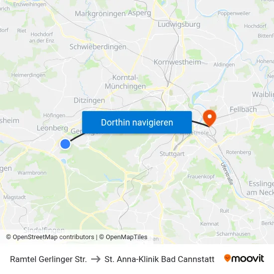 Ramtel Gerlinger Str. to St. Anna-Klinik Bad Cannstatt map
