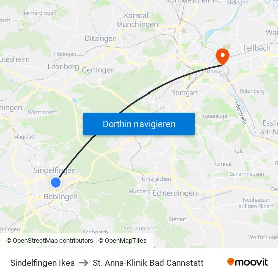 Sindelfingen Ikea to St. Anna-Klinik Bad Cannstatt map