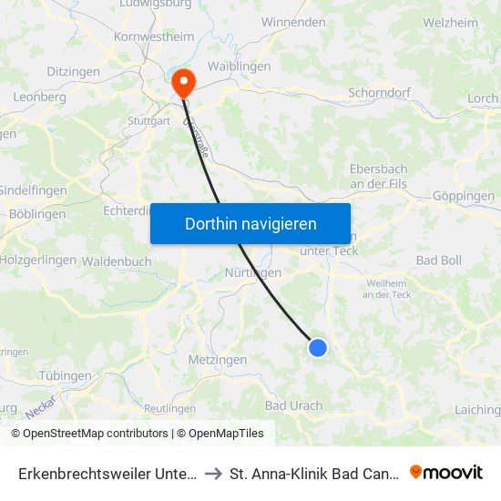 Erkenbrechtsweiler Untere Str. to St. Anna-Klinik Bad Cannstatt map