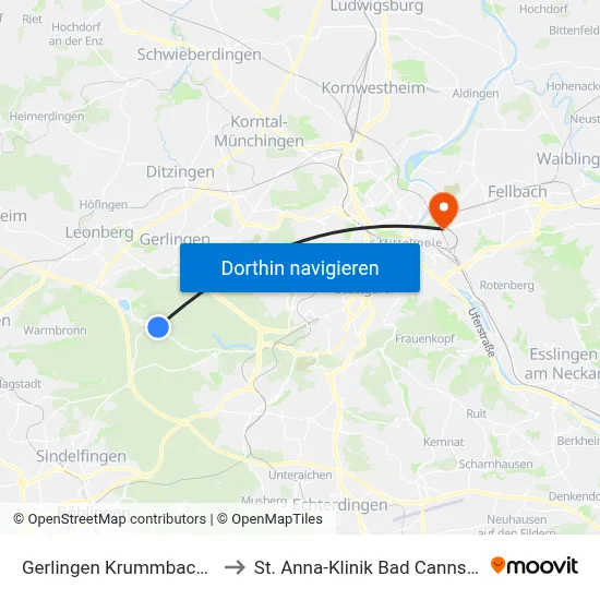 Gerlingen Krummbachtal to St. Anna-Klinik Bad Cannstatt map