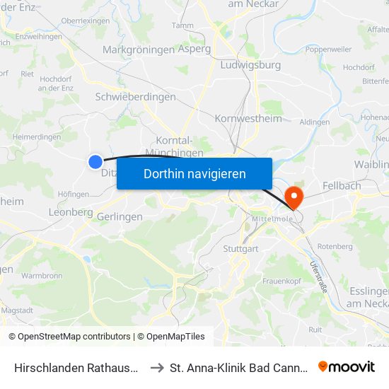 Hirschlanden Rathausplatz to St. Anna-Klinik Bad Cannstatt map