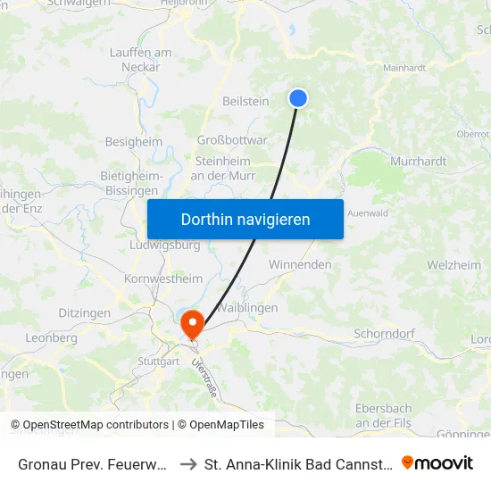 Gronau Prev. Feuerwehr to St. Anna-Klinik Bad Cannstatt map