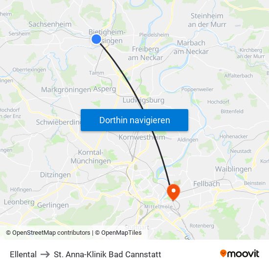 Ellental to St. Anna-Klinik Bad Cannstatt map