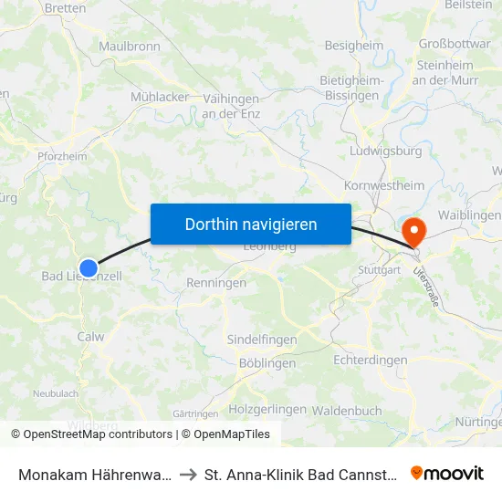 Monakam Hährenwald to St. Anna-Klinik Bad Cannstatt map