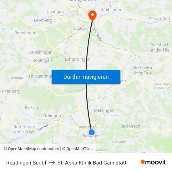 Reutlingen Südbf to St. Anna-Klinik Bad Cannstatt map
