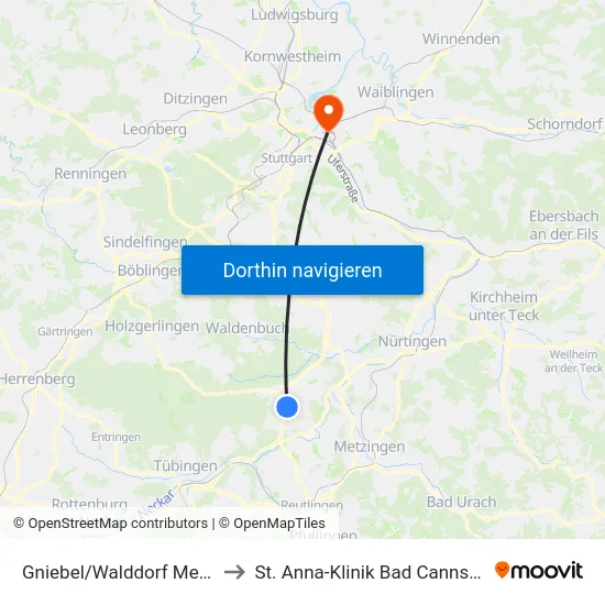 Gniebel/Walddorf Metric to St. Anna-Klinik Bad Cannstatt map