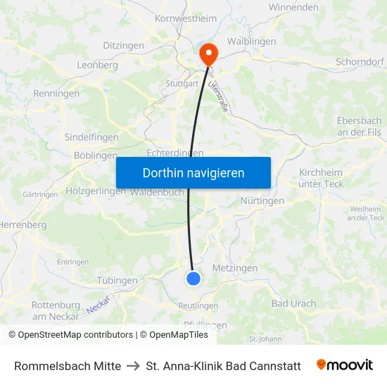 Rommelsbach Mitte to St. Anna-Klinik Bad Cannstatt map