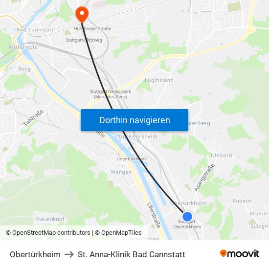 Obertürkheim to St. Anna-Klinik Bad Cannstatt map