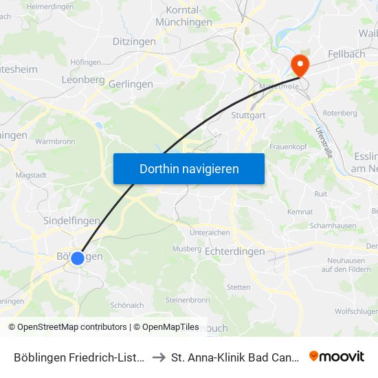 Böblingen Friedrich-List-Platz to St. Anna-Klinik Bad Cannstatt map