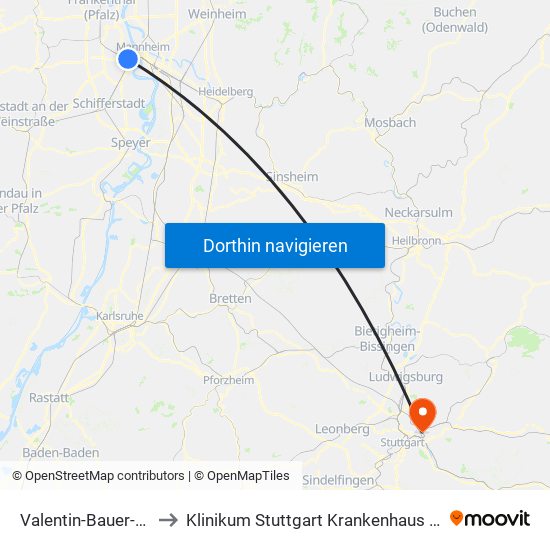 Valentin-Bauer-Siedlung to Klinikum Stuttgart Krankenhaus Bad Cannstatt map