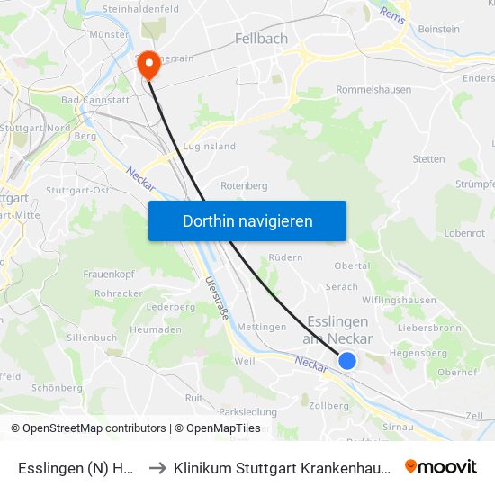 Esslingen (N) Hochschule to Klinikum Stuttgart Krankenhaus Bad Cannstatt map