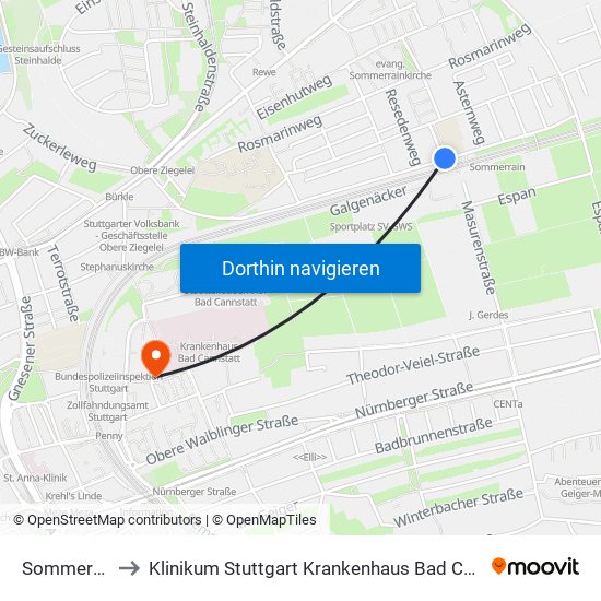 Sommerrain to Klinikum Stuttgart Krankenhaus Bad Cannstatt map