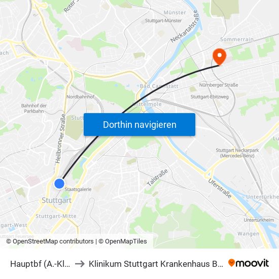 Hauptbf (A.-Klett-Pl.) to Klinikum Stuttgart Krankenhaus Bad Cannstatt map