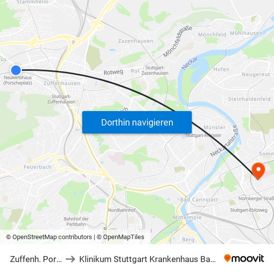 Zuffenh. Porsche to Klinikum Stuttgart Krankenhaus Bad Cannstatt map