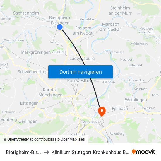 Bietigheim-Bissingen to Klinikum Stuttgart Krankenhaus Bad Cannstatt map