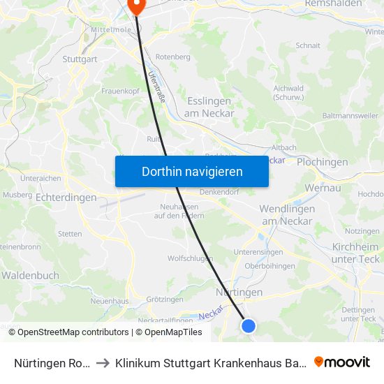 Nürtingen Roßdorf to Klinikum Stuttgart Krankenhaus Bad Cannstatt map