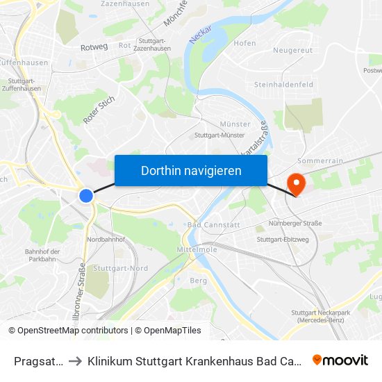 Pragsattel to Klinikum Stuttgart Krankenhaus Bad Cannstatt map