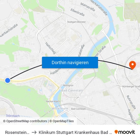 Rosensteinpark to Klinikum Stuttgart Krankenhaus Bad Cannstatt map