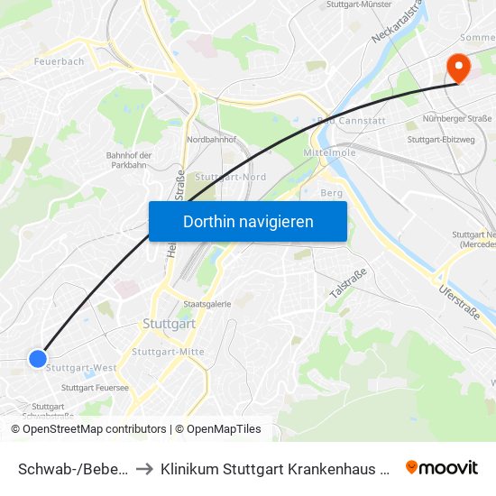 Schwab-/Bebelstraße to Klinikum Stuttgart Krankenhaus Bad Cannstatt map