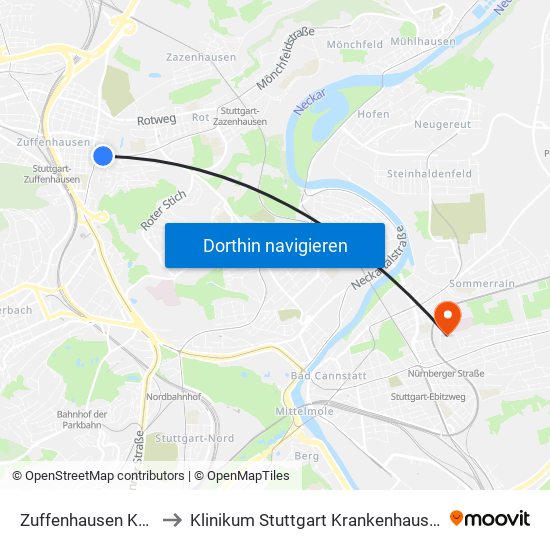 Zuffenhausen Kelterplatz to Klinikum Stuttgart Krankenhaus Bad Cannstatt map