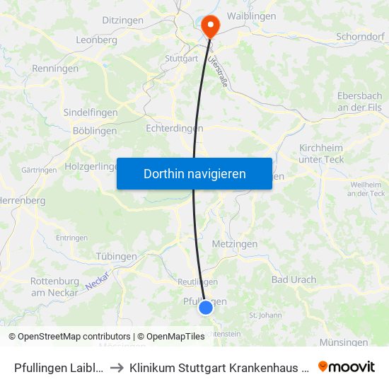 Pfullingen Laiblinsplatz to Klinikum Stuttgart Krankenhaus Bad Cannstatt map