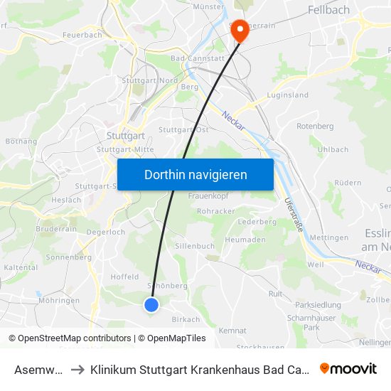 Asemwald to Klinikum Stuttgart Krankenhaus Bad Cannstatt map