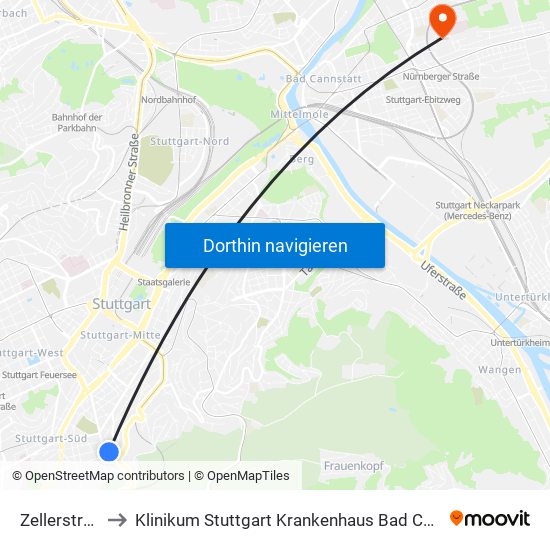 Zellerstraße to Klinikum Stuttgart Krankenhaus Bad Cannstatt map