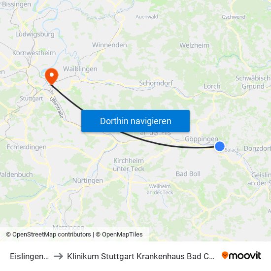 Eislingen (F) to Klinikum Stuttgart Krankenhaus Bad Cannstatt map