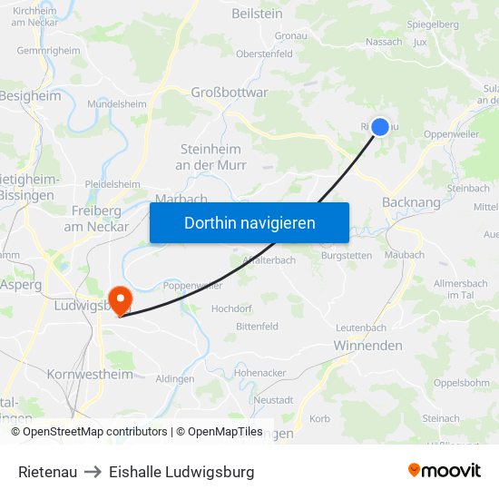 Rietenau to Eishalle Ludwigsburg map