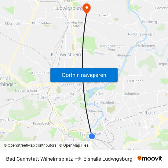 Bad Cannstatt Wilhelmsplatz to Eishalle Ludwigsburg map