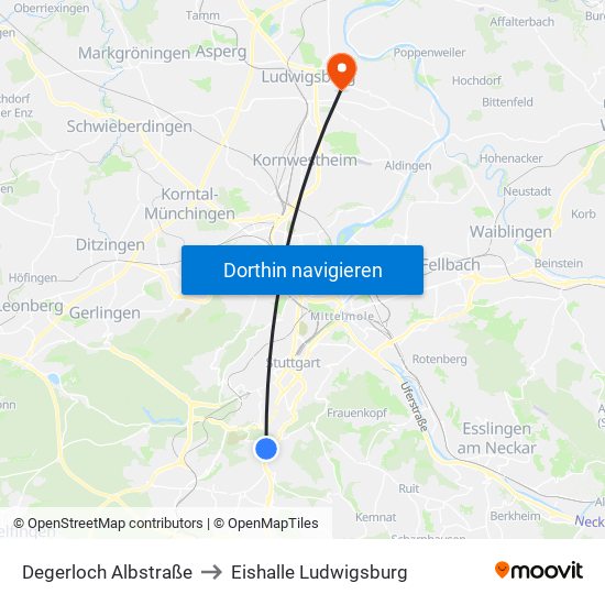 Degerloch Albstraße to Eishalle Ludwigsburg map