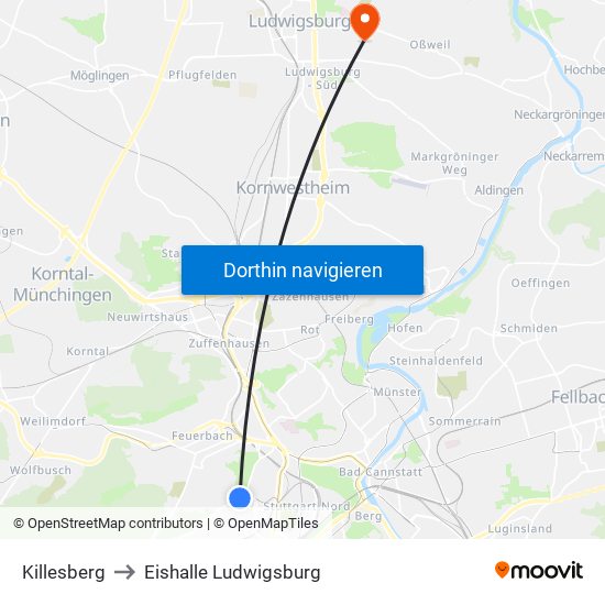 Killesberg to Eishalle Ludwigsburg map