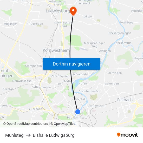 Mühlsteg to Eishalle Ludwigsburg map