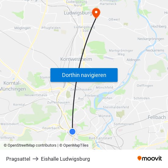 Pragsattel to Eishalle Ludwigsburg map