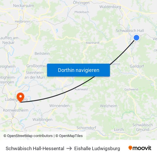 Schwäbisch Hall-Hessental to Eishalle Ludwigsburg map