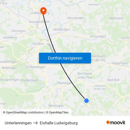 Unterlenningen to Eishalle Ludwigsburg map