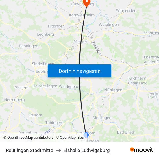 Reutlingen Stadtmitte to Eishalle Ludwigsburg map