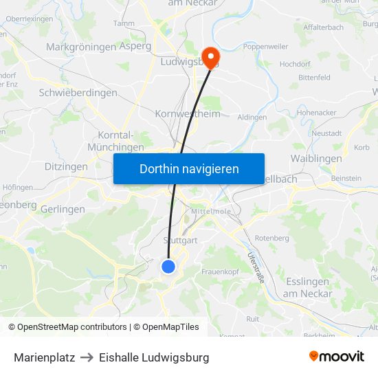 Marienplatz to Eishalle Ludwigsburg map