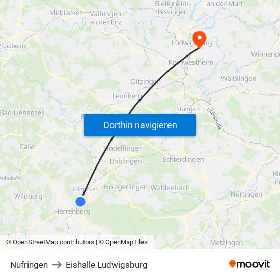 Nufringen to Eishalle Ludwigsburg map