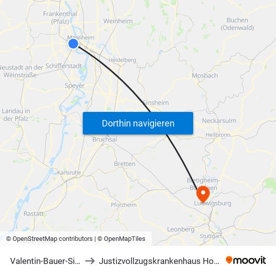 Valentin-Bauer-Siedlung to Justizvollzugskrankenhaus Hohenasperg map