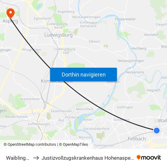 Waiblingen to Justizvollzugskrankenhaus Hohenasperg map