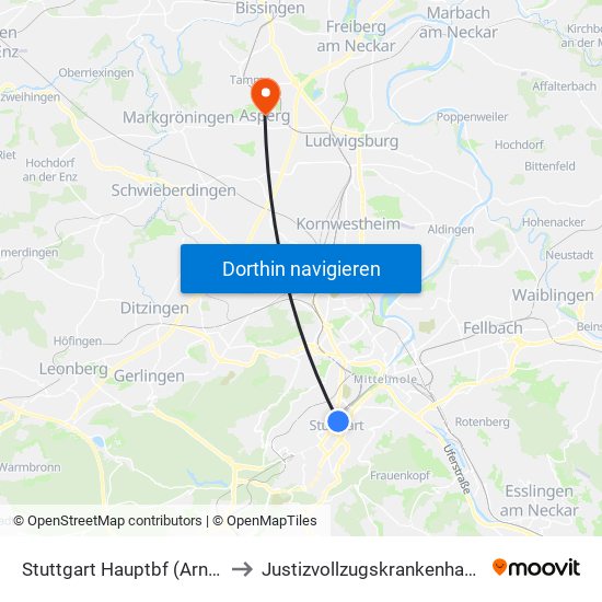 Stuttgart Hauptbf (Arnulf-Klett-Platz) to Justizvollzugskrankenhaus Hohenasperg map