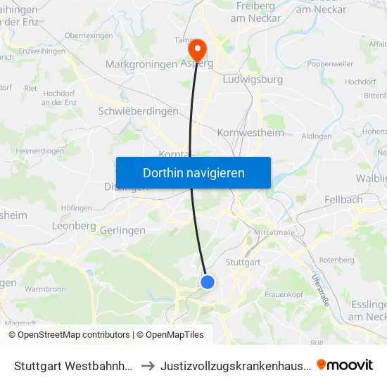 Stuttgart Westbahnhof (Schleife) to Justizvollzugskrankenhaus Hohenasperg map