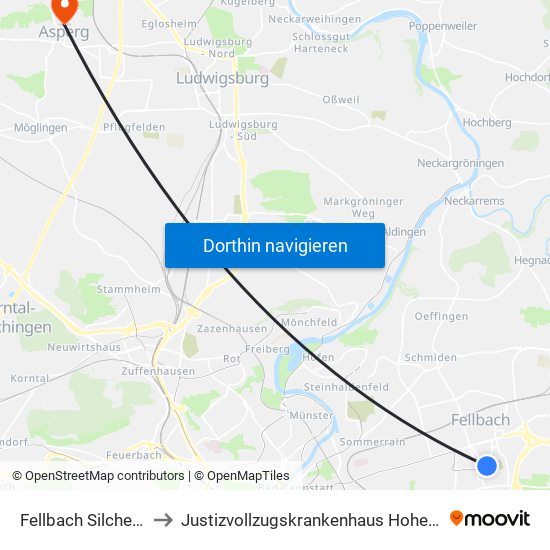 Fellbach Silcherweg to Justizvollzugskrankenhaus Hohenasperg map