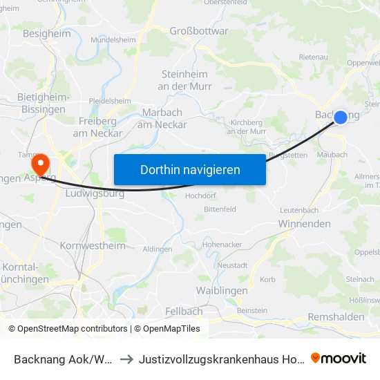 Backnang Aok/Waldhorn to Justizvollzugskrankenhaus Hohenasperg map