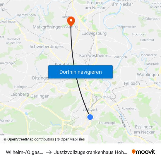 Wilhelm-/Olgastraße to Justizvollzugskrankenhaus Hohenasperg map